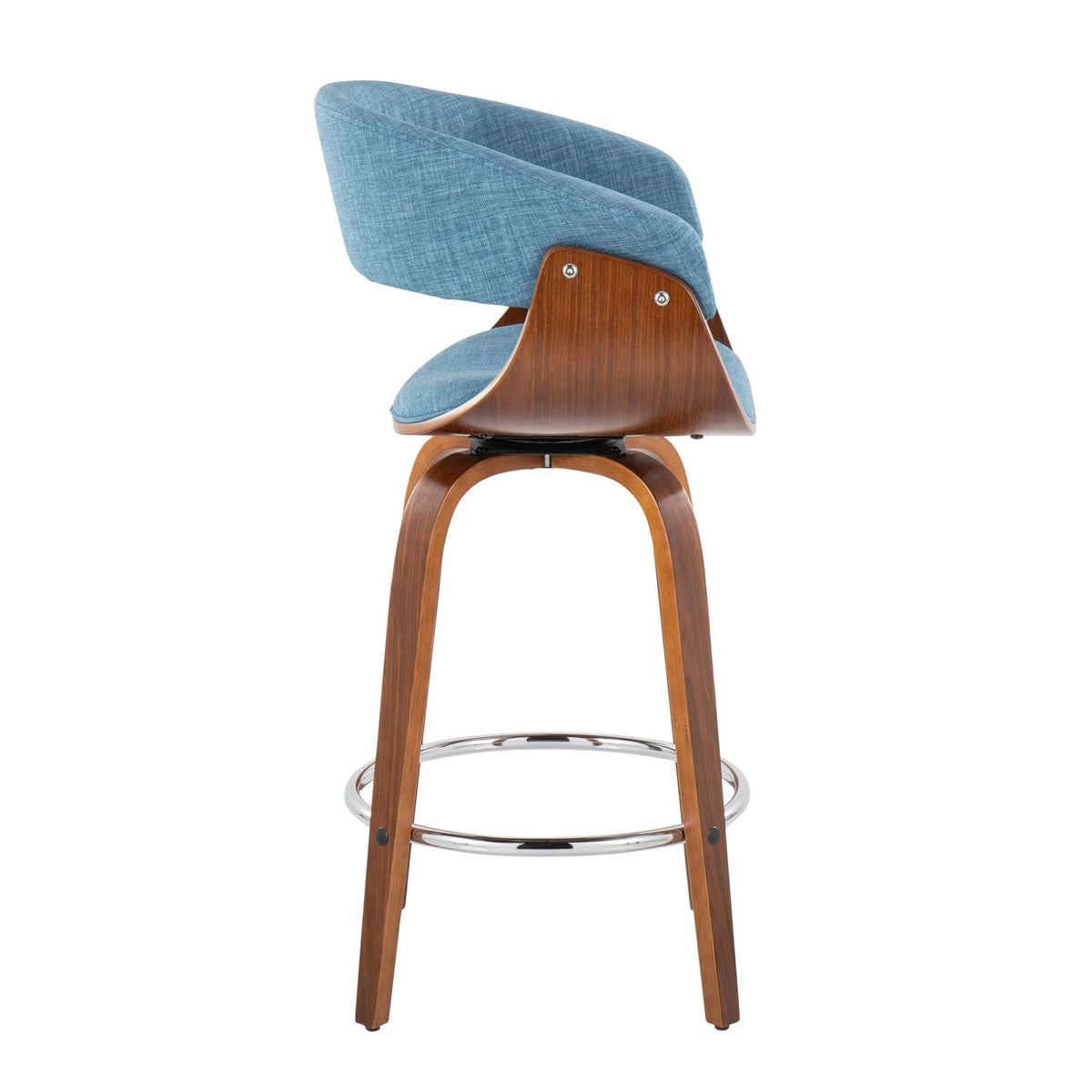 26" Mid-Century Modern Counter Stool with Swivel in Walnut Wood and Blue Fabric with Round Chrome Metal Footrest - Set of 2 Z692