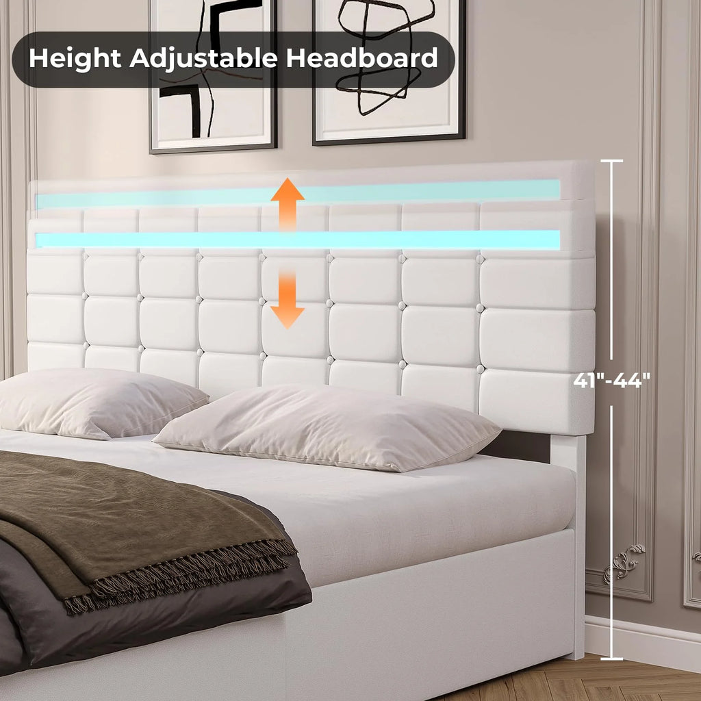 King Bed Frame with Storage Drawers, LED Lights, USB Port, White U83988