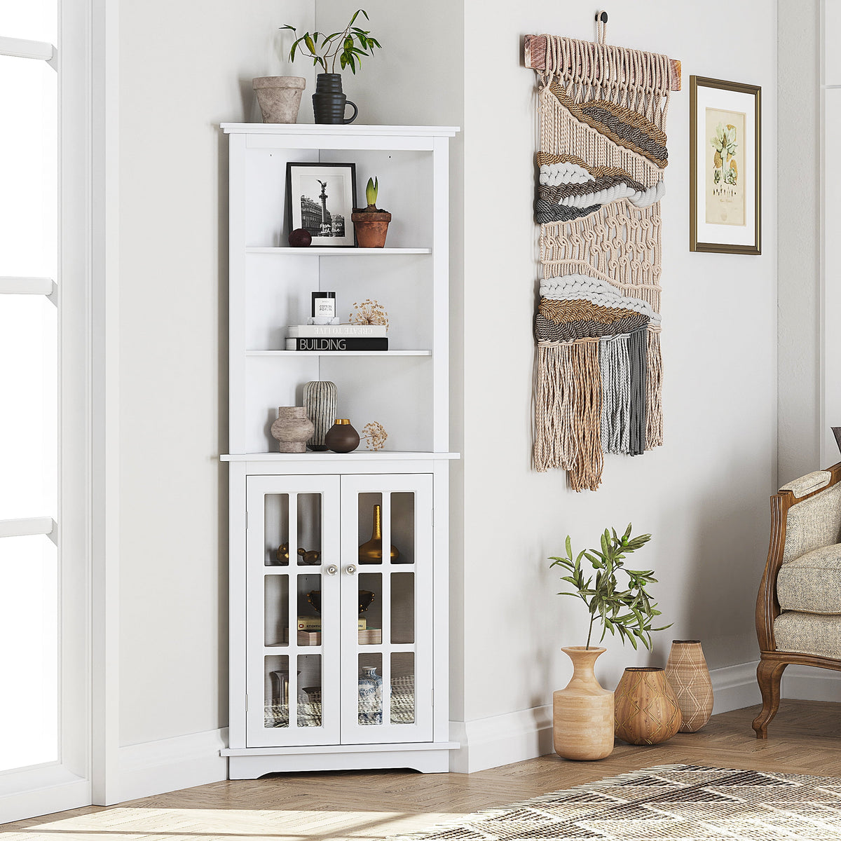 White Tall Corner Storage Cabinet with Glass Doors and Adjustable Shelves X470