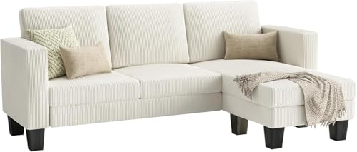 Cream Corduroy L-Shaped Convertible Sectional Sofa 3 Seater E77108