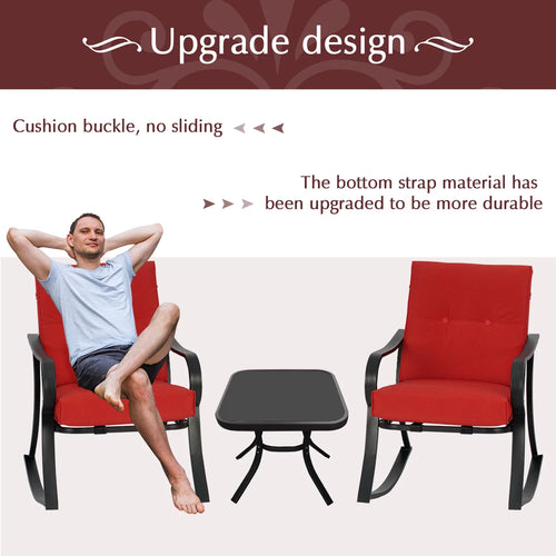 3-Piece Black Metal Rocking Chairs and Table with Brown Cushions U350