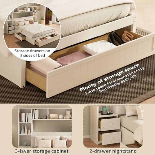 White Full Size Wood Platform Bed with Bookcase Headboard and Drawers B30197