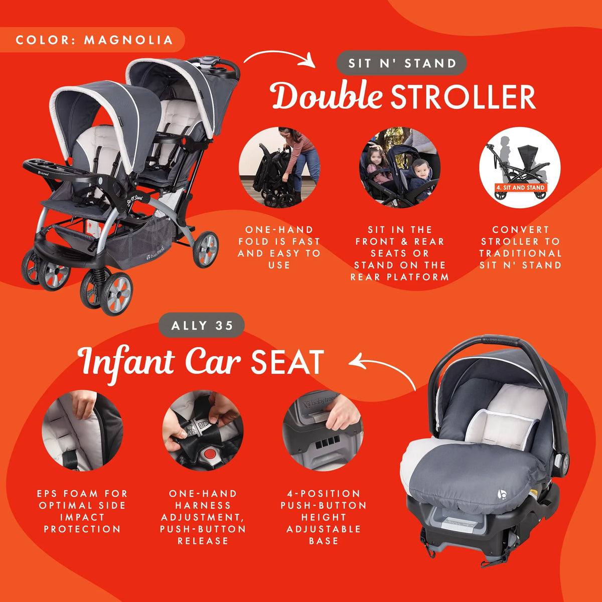 Magnolia Double Baby Stroller and Single Car Seat B447