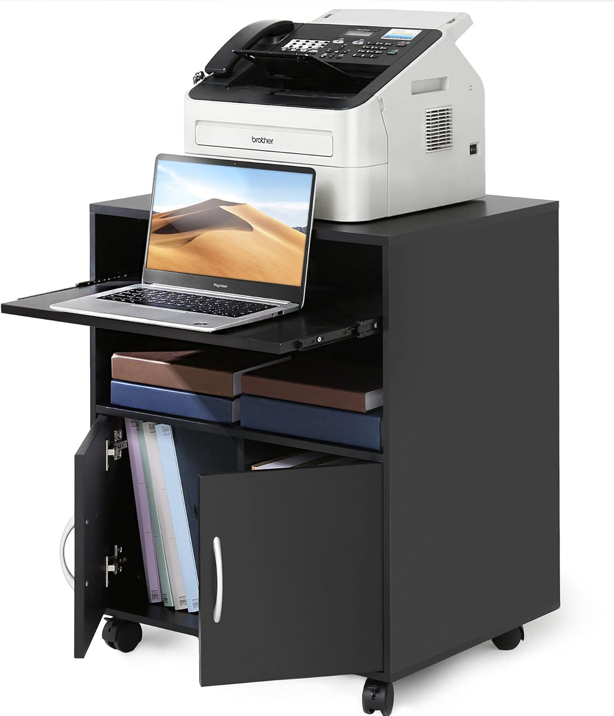 Black Mobile File Cabinet with Keyboard Tray and Doors on Wheels J686