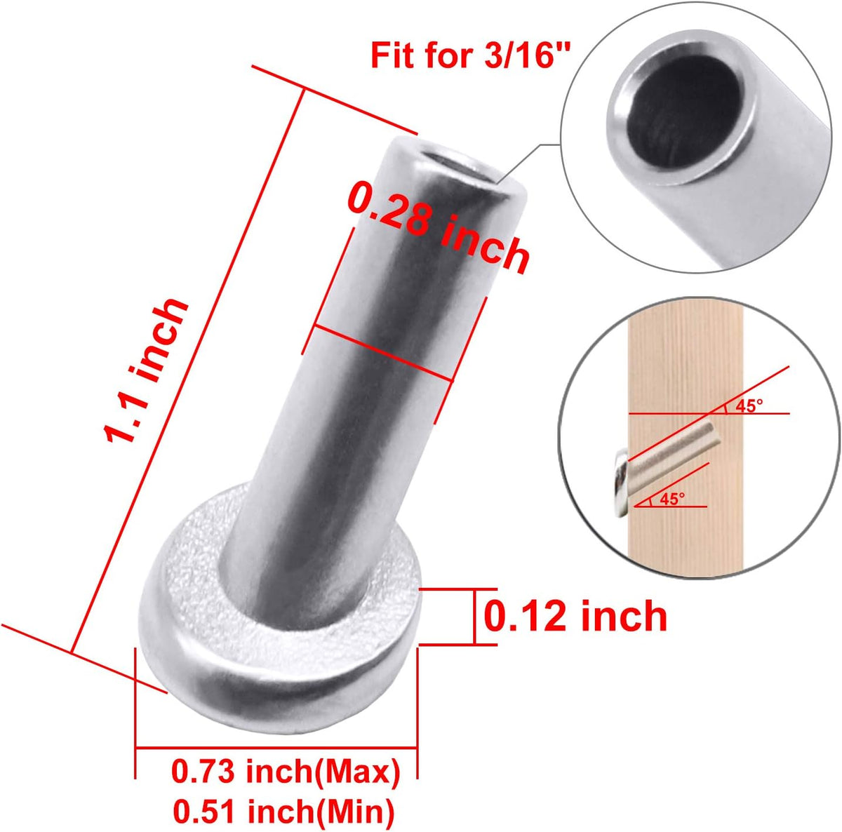 40 Pack 45 Degree T316 Marine Grade Stainless Steel Angle Beveled Protector Sleeves Wood Post Protector for 1/8", 5/32", 3/16" Wire Rope Cable Railing S811