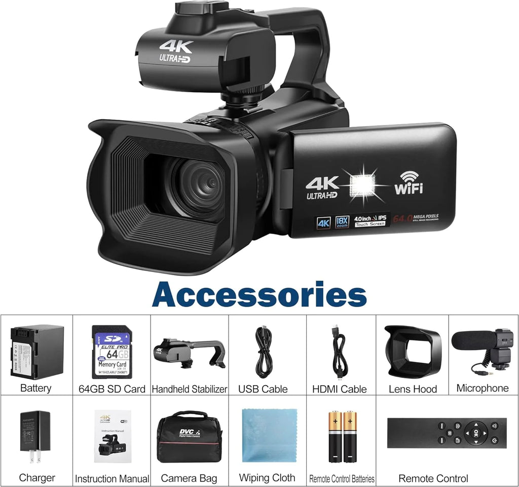 4k Video Camera Camcorder with 18X Digital Zoom, 64MP, 4.0-inch Rotating Touchscreen, 64GB SD Card, Black N59664