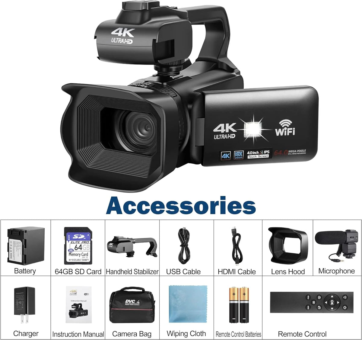 4k Video Camera Camcorder with 18X Digital Zoom, 64MP, 4.0-inch Rotating Touchscreen, 64GB SD Card, Black N59664