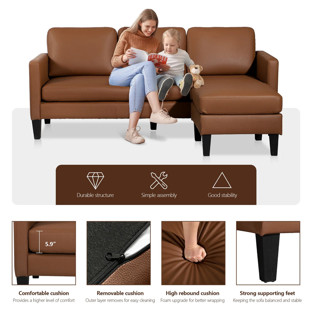 Brown Faux Leather L Shaped Sectional Sofa T1145