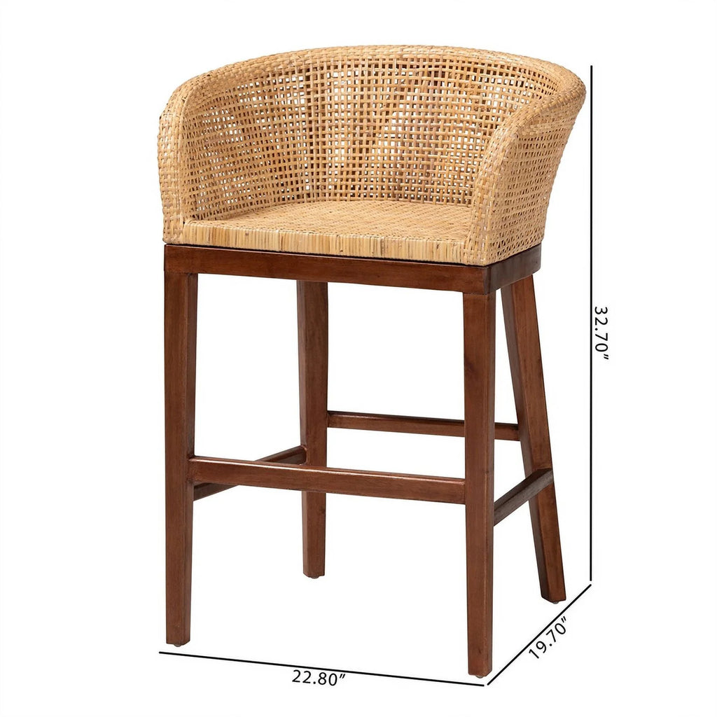Natural Rattan and Walnut Brown Acacia Wood Counter Stool J40121