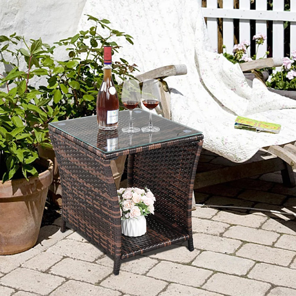 Square Tempered Glass Top Wicker Rattan Side Table with Storage P73799