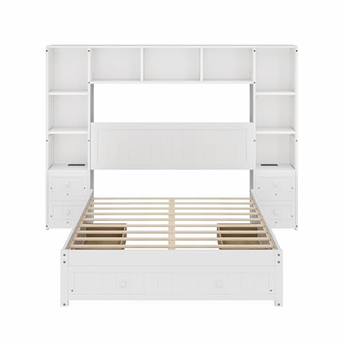 White Full Size Wood Platform Bed with Bookcase Headboard and Drawers B30197