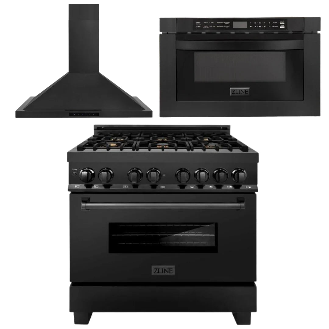 36 in. Black Stainless Steel Dual Fuel Range, Range Hood and Microwave Drawer Y357313