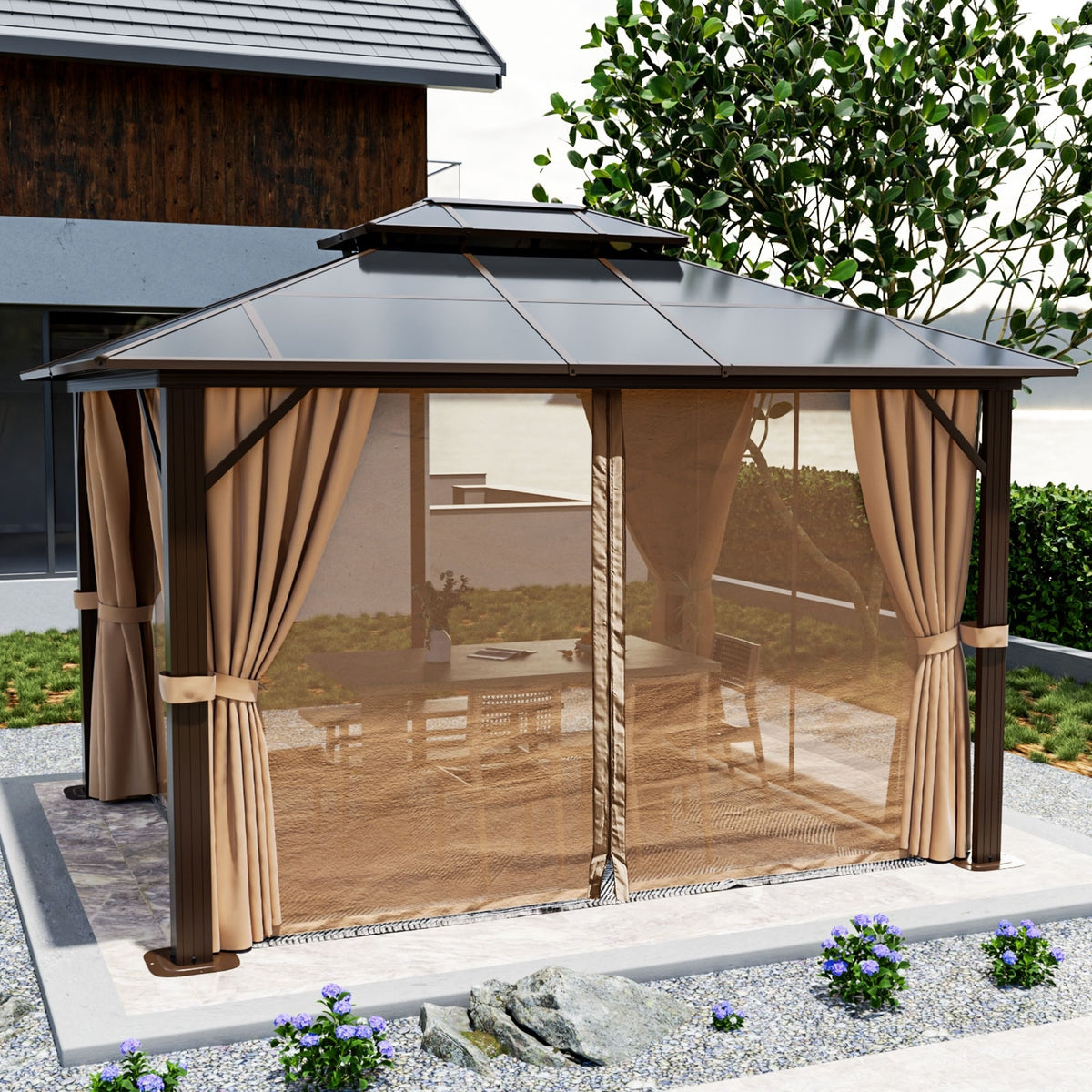 10'x12' Hardtop Gazebo with Double Roof Brown E371056