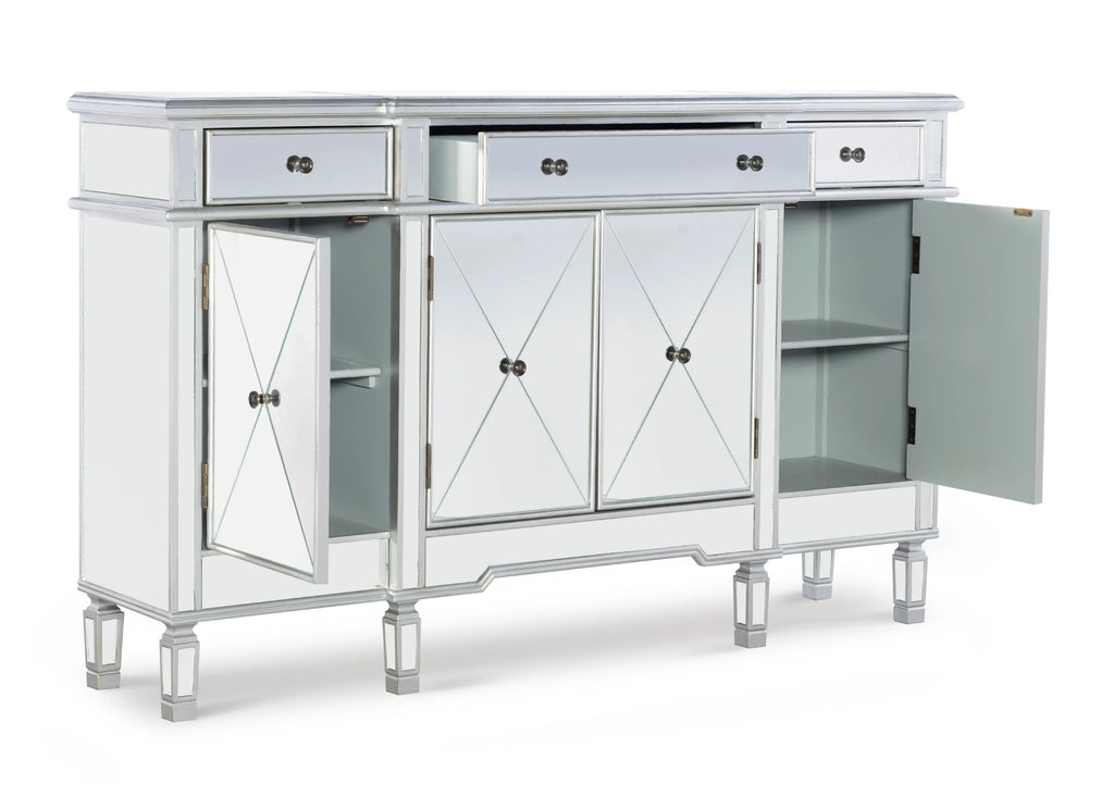 4-Door 3-Drawer Long Console Table with Shelves, Mirrored Surfaces, Silver Wood F497
