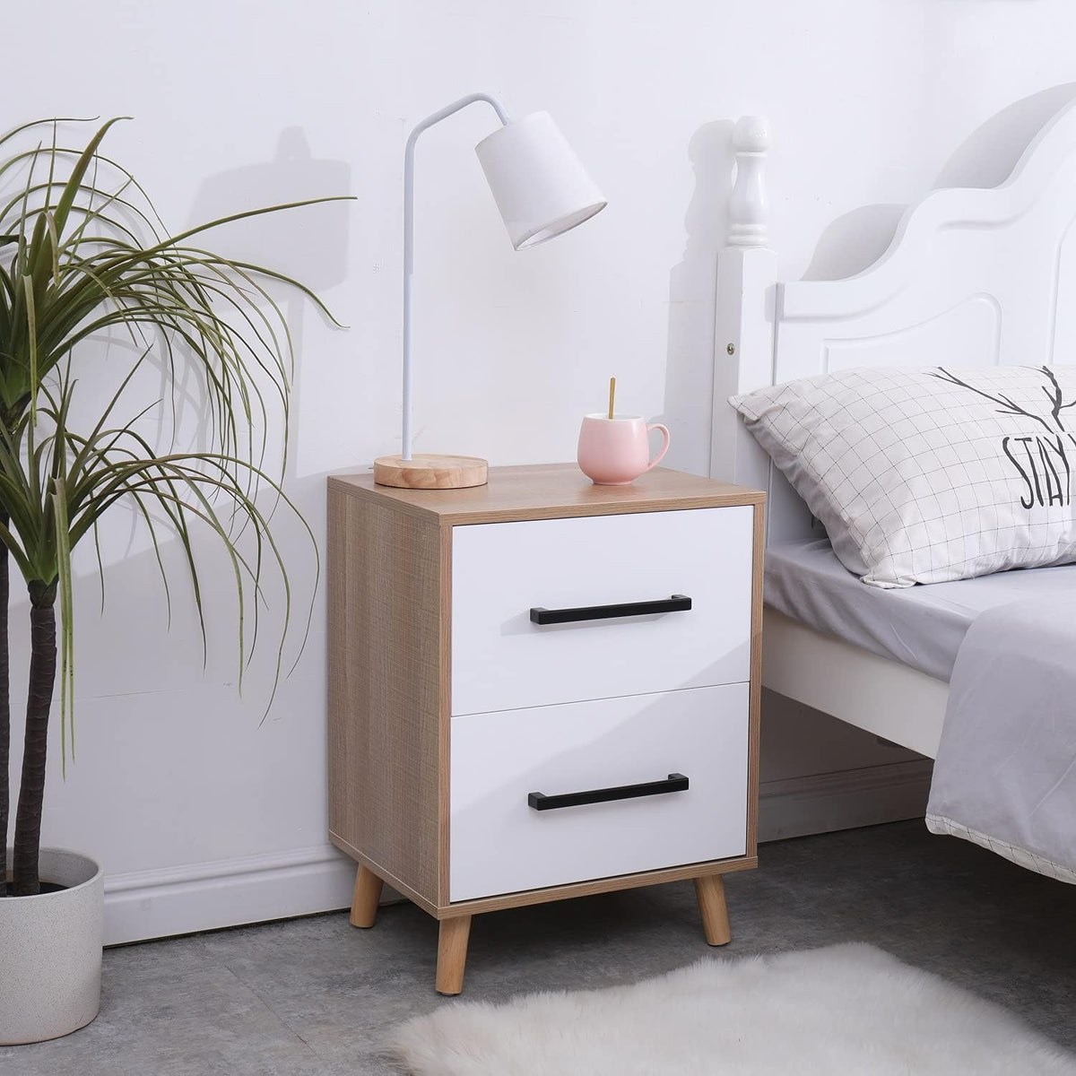 White 2 Drawer Nightstand with Solid Wood Legs M385