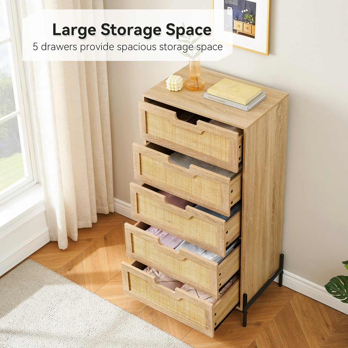 5 Drawer Natural Rattan Wood Dresser with Metal Legs U18760