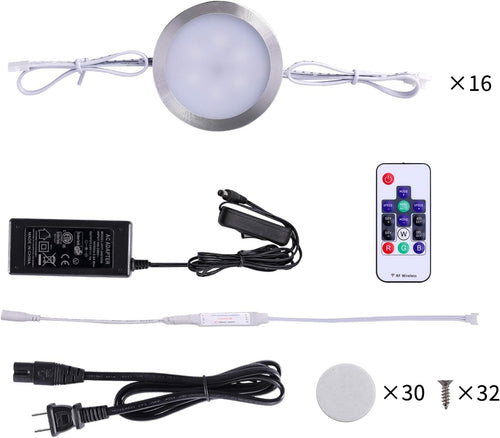 16 Pack Linkable Dimmable RGB Under Cabinet Puck Lights Kit with Remote Control T2521