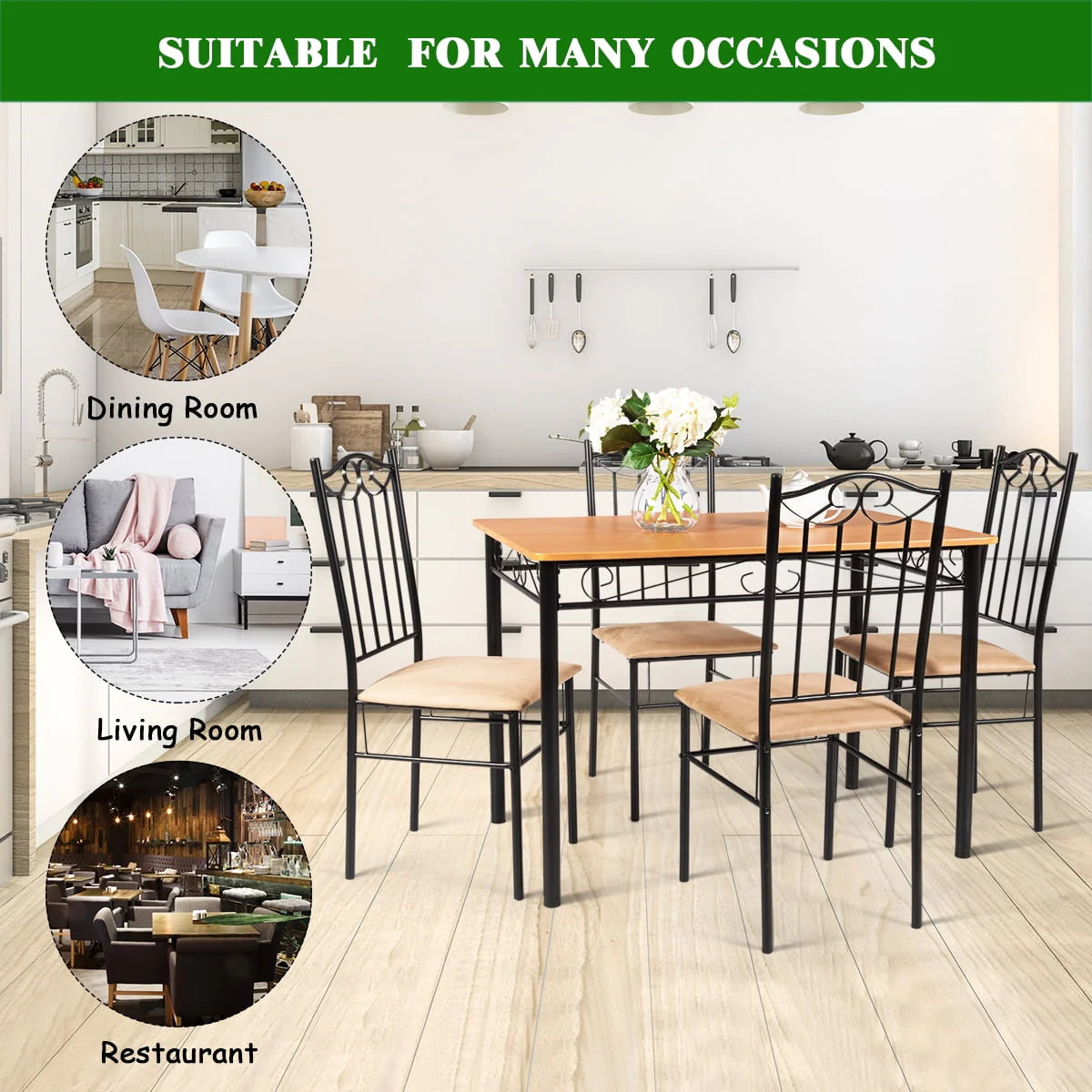 5 PC Wood Metal Dining Set with Table and 4 Chairs R172686